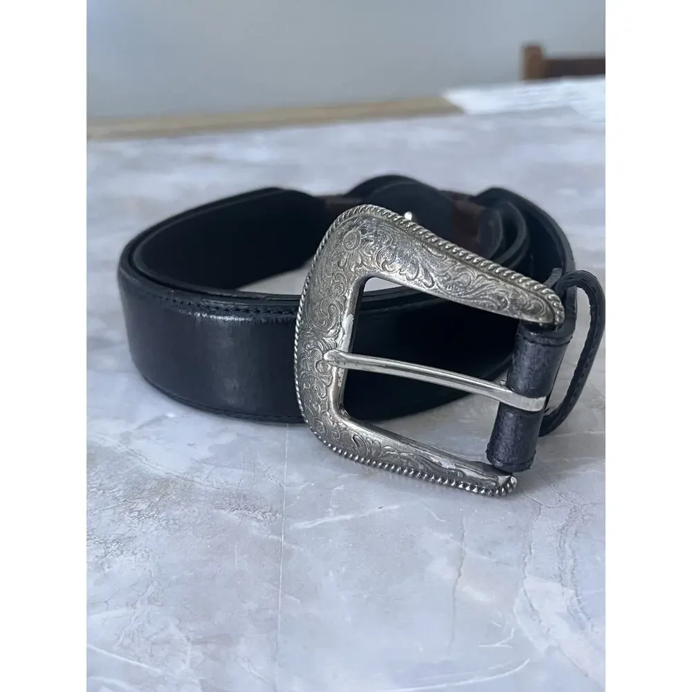 Vintage Larry Mahan Black Genuine Tooled Leather Rodeo Belt Size 36